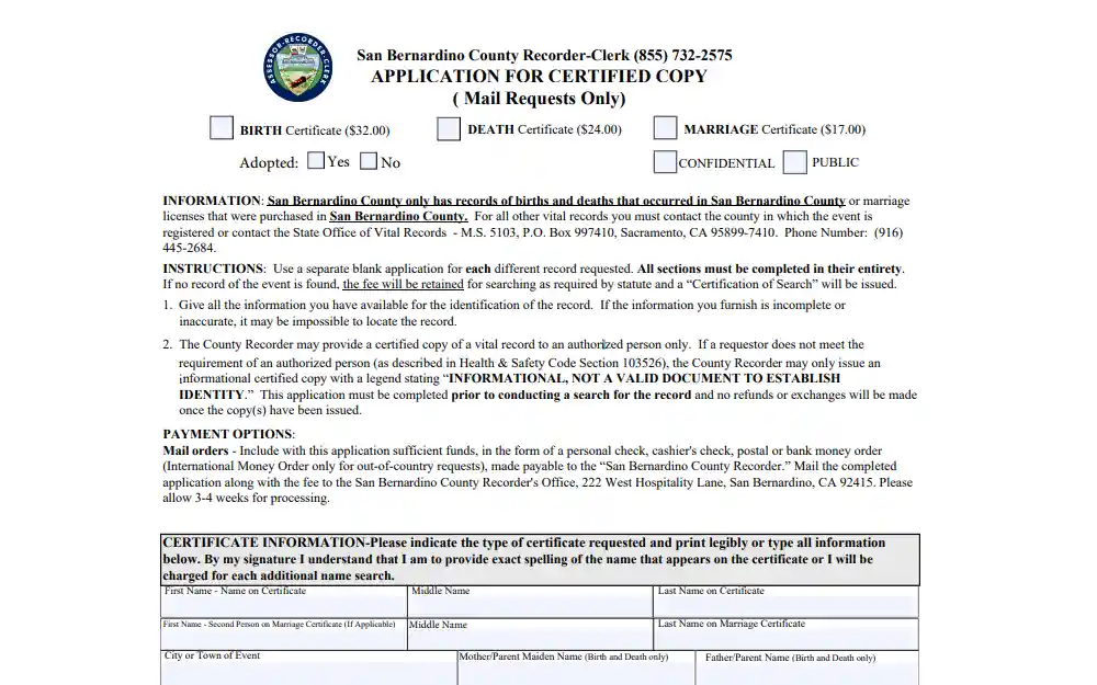 A screenshot of an Application For Certified Copy form that must be submitted as one of the requirements when requesting a marriage document.
