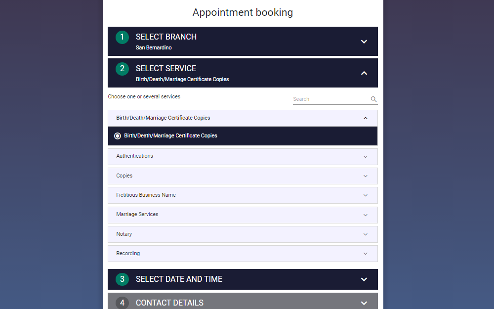 A screenshot of the Appointment Booking platform showing how to book an appointment if one requests a specific vital copy, such as a marriage document in person.