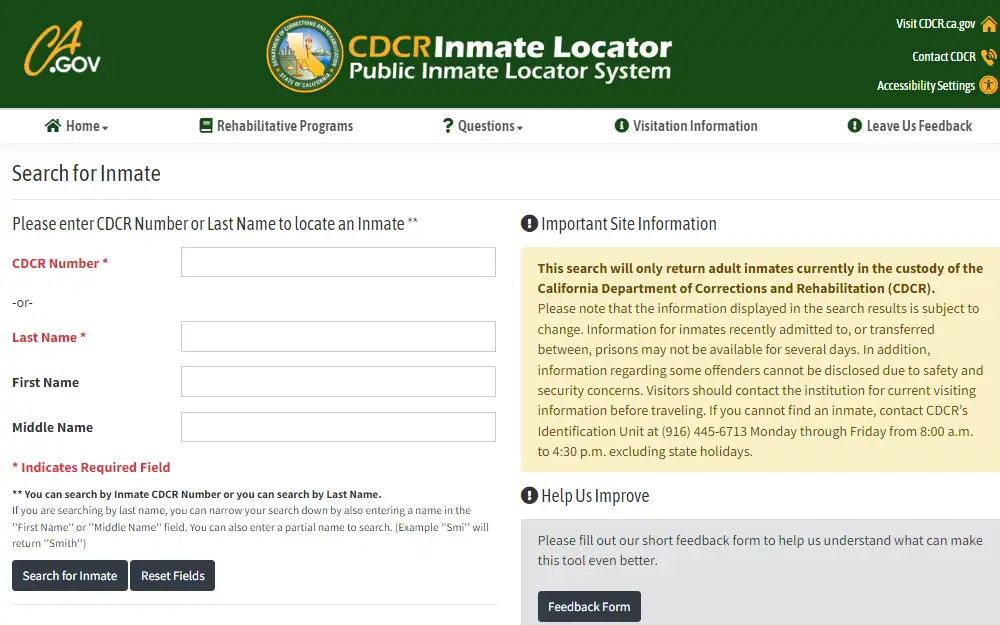 A screenshot of the CDCR Inmate Locator platform where one must enter the CDCR number of the last name and other optional information like the first and middle names to locate an inmate.