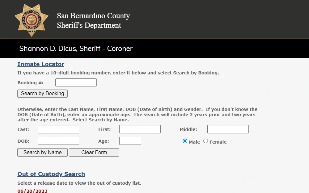 A screenshot of an Inmate Locator toll provided by the Sheriff's Department of San Bernardino County that is searchable by providing the ten-digit booking number or the last name, first name, DOB, and gender of the inmate one is looking for.