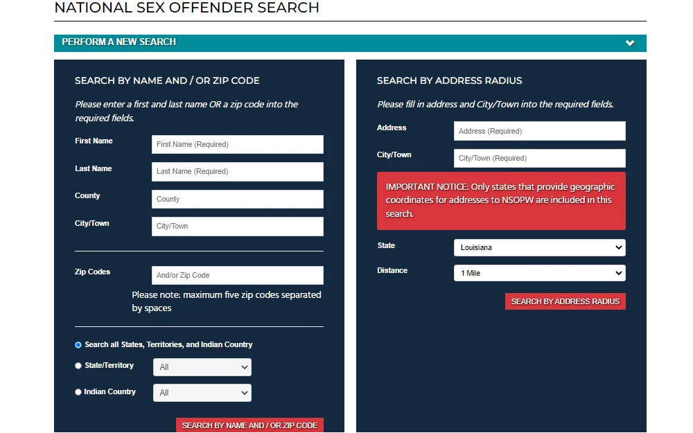 A screenshot of the National Sex Offender Public Website platform where an individual can perform a search about a sex offender either by providing the name and zip code or by address radius.