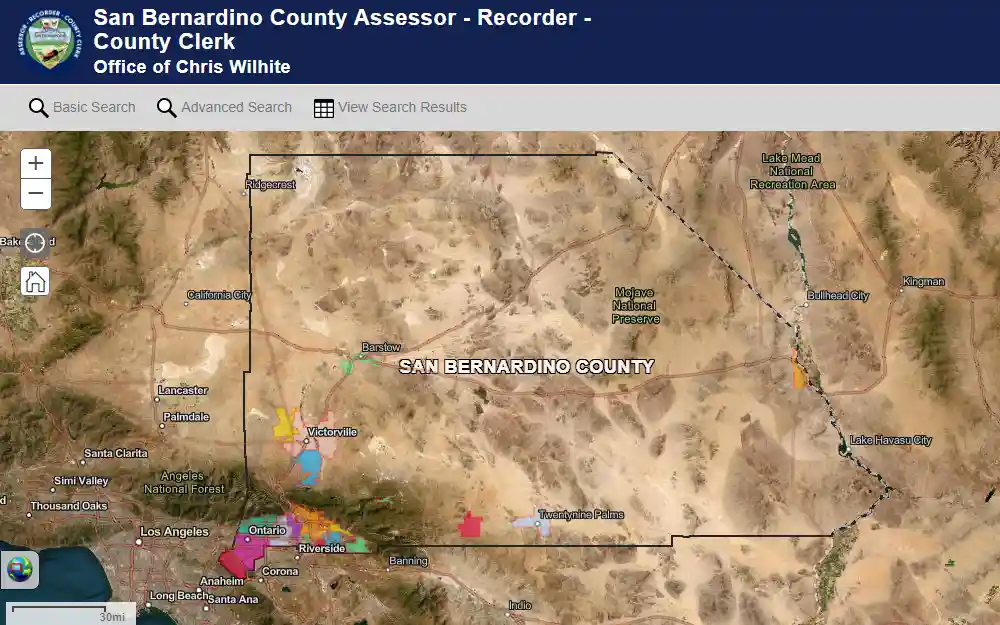 A screenshot of a San Bernardino County map in the Parcel Access Public Index website provided by the San Bernardino County Assessor's Office used to locate specific property information in the County. 