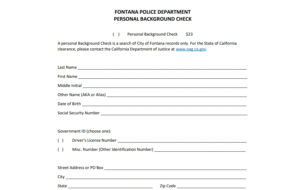 A screenshot of a Background Check Request form that must be filled out and submitted to the Fontana Police Department when one requests a background check.