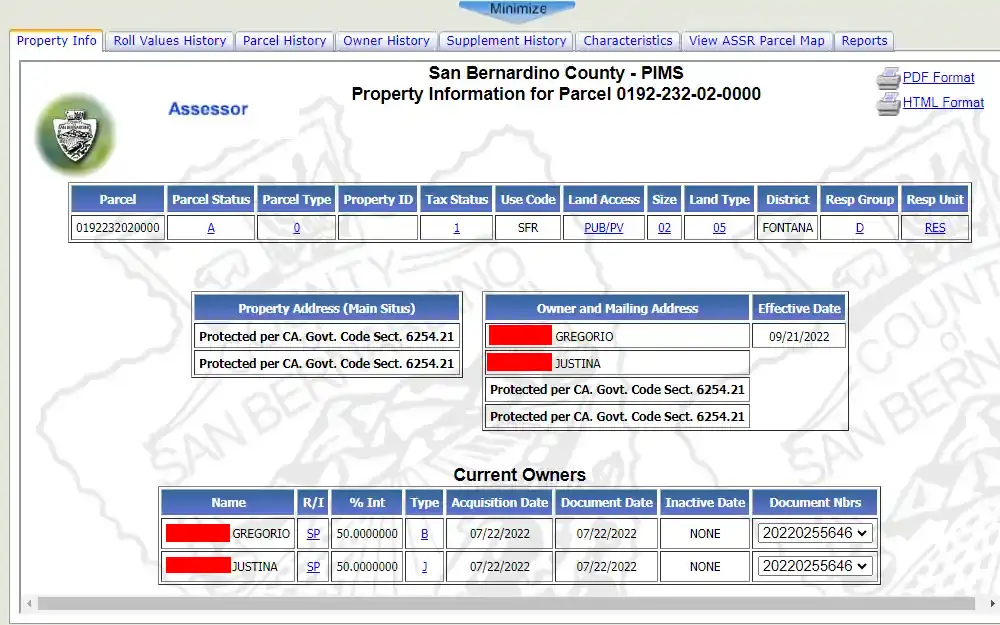 A screenshot of the Property Information Management System Internet Site shows sample property information about a specific property providing details about the current owners, their mailing addresses, and other details about the property.