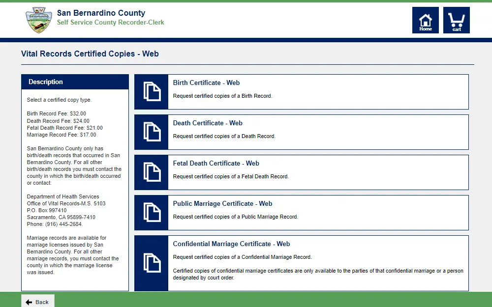 A screenshot of all vital records certified copies of request forms such as birth, death, fetal death, public marriage, and confidential marriage documents request forms provided by the San Bernardino County Self Service County Recorder-Clerk.