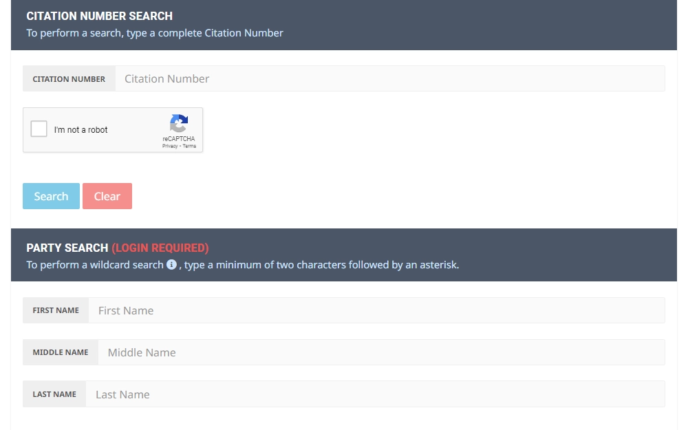 Screenshot of the court access portal showing searches by citation number and party name.