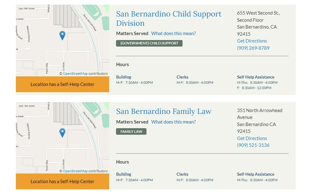 Screenshot of the map of the location of the Family Law Division, which handles the cases of divorce, and Child Support Division, displaying their respective address and contact information.