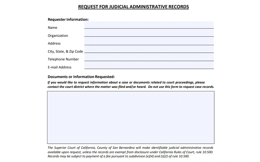 Screenshot of the fillable request form with fields for requestor information including name, organization, address, and contact information; and documents or information requested.