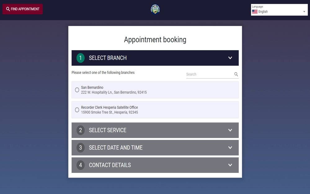 A digital interface for scheduling appointments, where users can select a service branch location, the type of service they require, and input their preferred date, time, and contact details to secure a reservation.