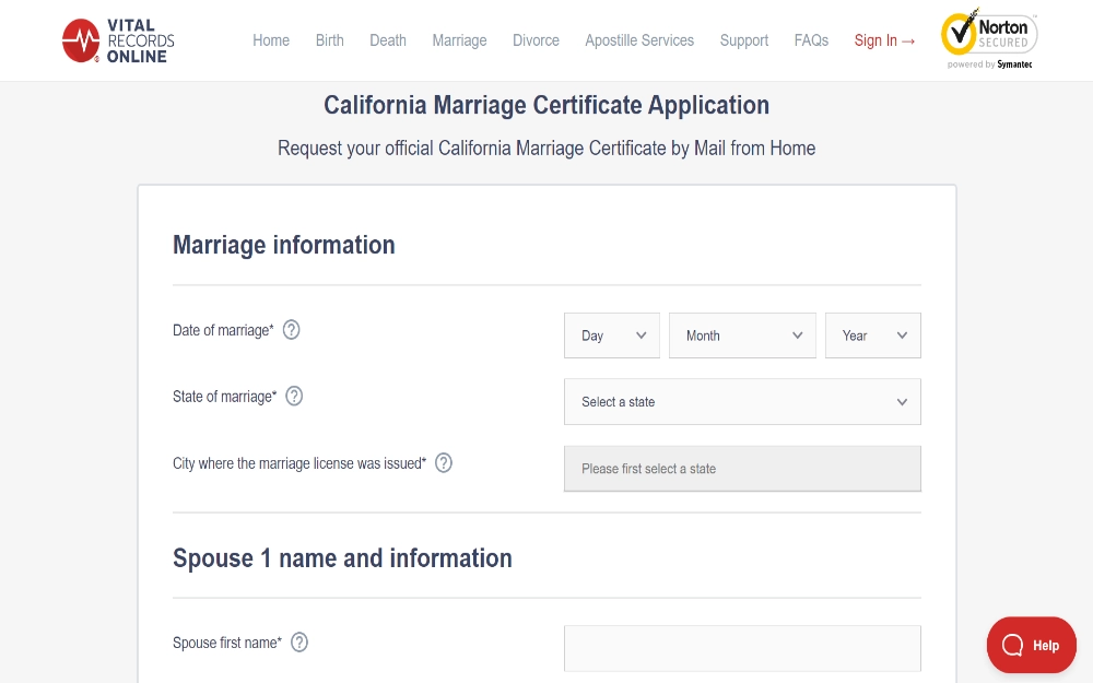 A webpage interface for an online application form, where individuals can fill out details to request an official marital certificate, including fields for marriage date, state, city of license issue, and spouse information, complete with security badges and help options for user assistance.