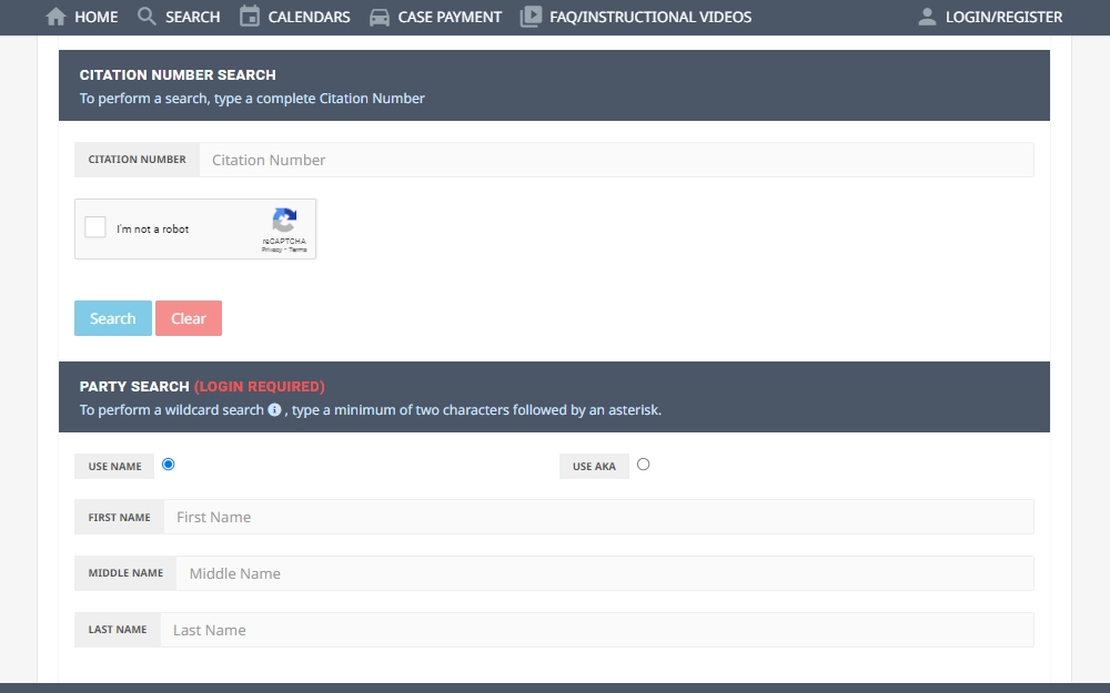 Screenshot of the court access portal from Superior Court of California, San Bernardino County, displaying two out of the four available search options: the citation number search and party search which requires a login.