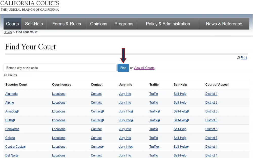 A screenshot from the Judicial Council of California displaying a directory for locating courts within the state, including Superior Court listings with links to courthouse locations, contact information, jury info, traffic, self-help resources, and the corresponding Court of Appeal districts.