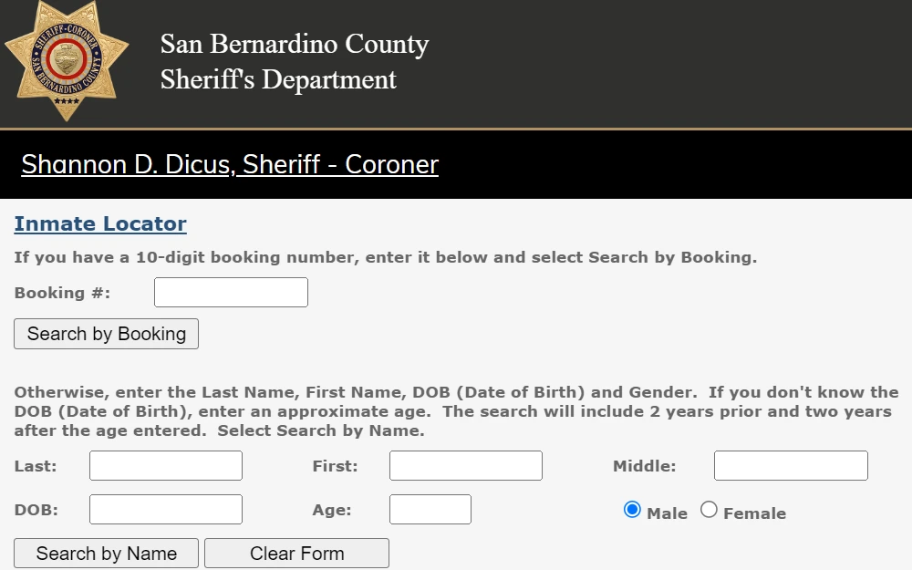 A screenshot of an inmate locator taken from the website of San Bernardino County Sheriff's Office, requiring a ten-digit booking number or the first and last names, date of birth or age, and gender, with an optional field for the middle name.