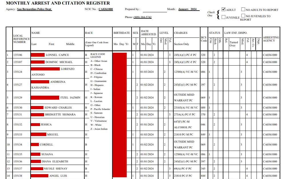 Screenshot of the first page of January 2024 arrest log prepared by the San Bernardino Police Department, listing the bookings that occurred during the month including the following arrestee information: local reference number, name, race, sex, birthday, arrest date, level of offense, charges, status, law enforcement disposition, and arresting agency.