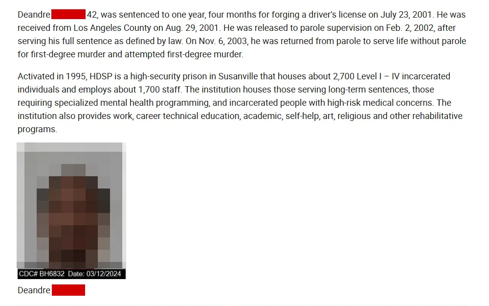 A screenshot of a press release from the California Department of Corrections & Rehabilitation (CDCR) shows a part of the article with the offender's name, age, and criminal history, followed by his mugshot.