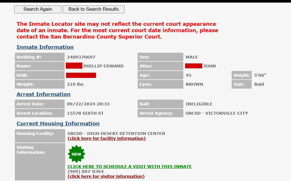 A screenshot from the San Bernardino County Sheriff's Department displays an inmate's personal information, arrest details, and current housing details.